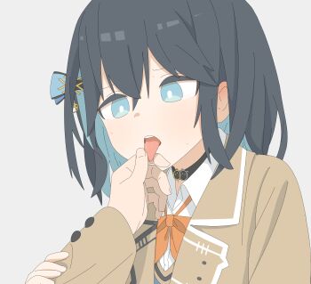 1girl 1other absurdres black_collar black_hair blue_bow blue_eyes blue_hair blue_sweater blush bow bowtie bright_pupils brown_jacket collar collared_shirt colored_inner_hair commentary_request crossed_bangs double-parted_bangs dress_shirt grabbing_another's_arm grey_background hair_between_eyes hair_ornament hairpin highres jacket long_sleeves looking_down medium_hair miyamai_moca multicolored_hair open_mouth orange_bow orange_bowtie pov pov_hands shirt sidelocks simple_background streaked_hair sweat sweater teeth tongue tongue_grab tongue_out tuitou upper_body upper_teeth_only voiceroid white_pupils white_shirt