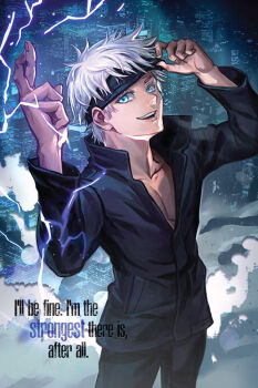 1boy bad_link black_jacket blindfold blindfold_lift blue_eyes cityscape electricity english_text eyelashes gojou_satoru high_collar jacket jujutsu_kaisen kevin_yan male_focus open_mouth pectoral_cleavage pectorals short_hair smile solo white_hair