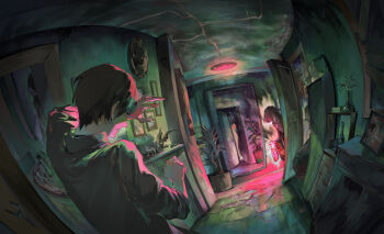 Rule 34 | 1boy, absurdres, black hair, cabinet, ceiling, commentary, creature, doorway, english commentary, enmokuritsu-d, faucet, fisheye, floor, glowing, green theme, hallway, highres, hood, horror (theme), indoors, male focus, mirror, open door, original, pink theme, plant, potted plant, sink, vase