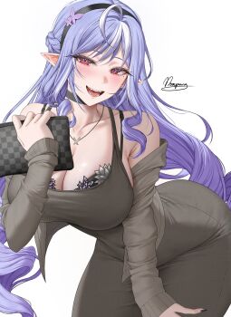 1girl :d absurdres alternate_costume bare_shoulders black_choker black_dress black_hairband blush bra bra_peek breasts choker collarbone dress hairband highres holding jewelry large_breasts long_hair long_sleeves looking_at_viewer mole mole_under_eye multicolored_hair necklace nompang off_shoulder open_mouth pointy_ears purple_hair red_eyes signature simple_background smile solo streaked_hair underwear vivian_banshee white_background white_hair zenless_zone_zero