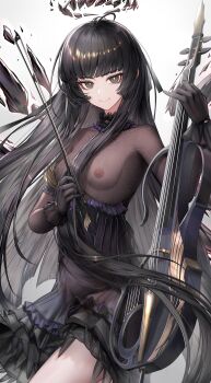 1girl absurdres arknights armlet black_choker black_dress black_eyes black_gloves black_hair black_halo black_wings blunt_bangs blurry blurry_background bodystocking bow_(music) breasts broken_halo cello chinese_commentary choker chromatic_aberration closed_mouth collarbone colored_inner_hair commentary_request covered_collarbone cowboy_shot dark_halo depth_of_field detached_wings diamond-shaped_pupils diamond_(shape) dress eyelashes floating_hair frilled_choker frills gloves gradient_background grey_background grey_hair halo halter_dress halterneck hands_up highres hime_cut holding holding_bow_(music) holding_instrument instrument jewelry long_hair looking_at_viewer mole mole_under_eye multicolored_hair nipples nopetroto official_alternate_costume pale_skin see-through_clothes see-through_skirt short_dress sidelocks skin_tight skirt small_breasts smile solo standing straight_hair symbol-shaped_pupils two-tone_hair very_long_hair virtuosa_(arknights) virtuosa_(diversity_oneness)_(arknights) wings yellow_pupils