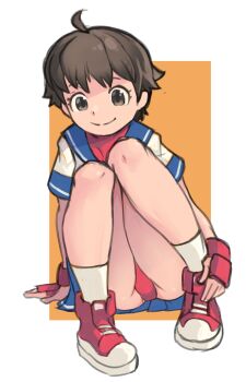 absurdres ass capcom groin highres kasugano_sakura legs messy_hair okeratan panties school_uniform sitting skirt smile sneaker socks street_fghter tomboy underwear
