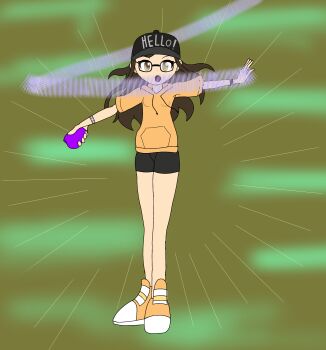 1girl absurdres baseball_cap bike_shorts black-framed_eyewear black_hat black_shorts breasts brown_eyes brown_hair curled_fingers digimon digimon_frontier digivice energy eyelashes f20000 facing_viewer female_focus floating_hair full_body glasses gradient_background hat henshin highres hood hoodie legs legs_together long_hair looking_at_viewer matching_hair/eyes open_mouth orange_hoodie original outstretched_arms shoes short_shorts short_sleeves shorts sidelocks small_breasts sneakers spirit_evolution standing thighs wristband