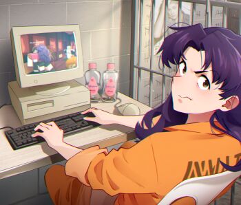 1girl absurdres brown_eyes computer computer_keyboard highres ikari_shinji johnson_&amp;_johnson justin_bieber katsuragi_misato khyle. long_hair looking_at_viewer lotion_bottle monitor neon_genesis_evangelion orange_pants orange_shirt pants prison_cell prison_clothes purple_hair roblox shirt solo tally