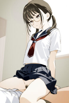 1boy 1girl absurdres arm_support blue_sailor_collar blue_sky brown_eyes brown_hair closed_mouth clothes_lift commentary_request cowgirl_position day expressionless feet_out_of_frame female_pubic_hair film_grain glasses hair_over_shoulder hetero highres implied_sex indoors long_hair looking_at_another looking_down moonsorrow neckerchief original out_of_frame pleated_skirt pubic_hair red_neckerchief sailor_collar school_uniform semi-rimless_eyewear serafuku sex shirt short_sleeves skirt skirt_lift sky straddling twintails white_shirt wispy_bangs yellow-framed_eyewear