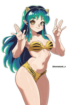 1girl absurdres animal_print artist_name bikini bilingual_commentary breasts bright_pupils brown_eyes closed_mouth commentary cowboy_shot green_hair hands_up highres horns komatsuki_n long_hair looking_at_viewer lum medium_breasts mixed-language_commentary navel print_bikini simple_background smile solo stomach strapless strapless_bikini swimsuit tiger_print twitter_username urusei_yatsura white_background white_pupils yellow_bikini yellow_horns