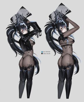 Rule 34 | 1girl, absurdres, arms up, ass, bahamut (nikke), bikini, black bikini, black boots, black gloves, black hair, black jacket, black liquid, bodystocking, bodysuit, book, boots, breasts, commentary, cropped jacket, ear piercing, earclip, english commentary, from behind, glasses, gloves, goddess of victory: nikke, grey background, grey hair, hair between eyes, hair intakes, highres, holding, holding book, horns, jacket, latex bikini, liquid clothes, long hair, long sleeves, looking at viewer, medium breasts, mole, mole under mouth, multicolored hair, no jacket, nstt 399, open clothes, open jacket, piercing, pixiv id, ponytail, red eyes, see-through clothes, sidelocks, simple background, skin tight, skindentation, smile, standing, swimsuit, thigh boots, tongue, tongue out, twitter username, two-tone hair, upside-down book, very long hair