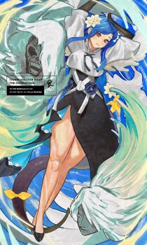 absurdres arms_up black_dress blue_hair commentary cropped_shirt dizzy_(guilty_gear) dress english_commentary guilty_gear guilty_gear_strive hair_ornament highres looking_at_viewer monster_girl nacaji necro_(guilty_gear) parted_lips queen_dizzy red_eyes shirt side_slit tail undine_(guilty_gear) white_shirt