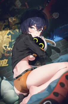 Rule 34 | 1girl, absurdres, bangboo (zenless zone zero), bare legs, barefoot, belle (zenless zone zero), bikini, black hair, black shirt, blush, breasts, commentary, cropped shirt, crossed bangs, green eyes, hair between eyes, highres, large breasts, open mouth, orange bikini, shirt, short hair, solo, sushispin, swimsuit, underboob, zenless zone zero