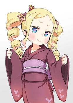 1girl beatrice_(re:zero) blonde_hair blue_eyes blush_stickers butterfly-shaped_pupils butterfly_print_kimono closed_mouth crown drill_hair gradient_background hair_ribbon hands_up japanese_clothes kimono kinn_(kinn70133) long_sleeves looking_at_viewer mini_crown obi re:zero_kara_hajimeru_isekai_seikatsu red_kimono ribbon sash sidelocks solo standing symbol-shaped_pupils twin_drills wavy_mouth wide_sleeves
