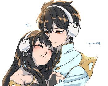 1boy 1girl arch_bishop_(ragnarok_online) black_hair black_shirt blush closed_eyes closed_mouth commentary_request datenshi_no_fu deviruchi gold_trim headphones heart highres hug long_hair orange_eyes ragnarok_masters ragnarok_online shirt short_hair simple_background smile upper_body white_background