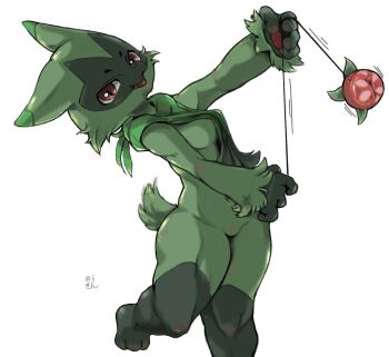 1girl :3 animal_ears animal_hands arm_up artist_name blush body_fur breasts cat_ears cat_girl clitoris fang female_focus floragato furry furry_female green_fur groin happy highres holding knees_together_feet_apart leg_up legs light_blush looking_at_viewer medium_breasts misplaced_genitals motion_lines navel nintendo nousen open_mouth outstretched_arm pawpads pokemon pokemon_(creature) pussy red_eyes signature simple_background smile solo standing standing_on_one_leg string tail thick_thighs thighs two-tone_fur uncensored white_background yo-yo