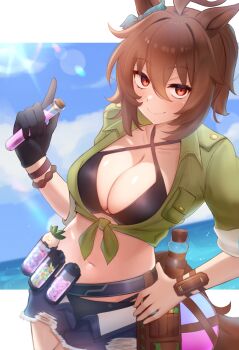 1girl absurdres agnes_tachyon_(lunatic_lab)_(umamusume) agnes_tachyon_(umamusume) animal_ears bikini black_bikini black_gloves blue_shorts blush breasts brown_hair cleavage closed_mouth commentary criss-cross_halter crop_top denim denim_shorts gloves green_jacket hair_between_eyes halterneck hand_on_own_hip highres horse_ears horse_girl jacket large_breasts looking_at_viewer medium_hair midriff mitamory navel official_alternate_costume open_clothes open_fly open_shorts red_eyes short_shorts shorts single_glove smile solo stomach swimsuit tied_jacket torn_clothes torn_shorts umamusume