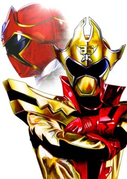 2boys 4ze_meteor absurdres armor black_bodysuit bodysuit crossed_arms gloves gokai_red gold_helmet helmet highres kaizoku_sentai_gokaiger kikai_sentai_zenkaiger male_focus multiple_boys profile red_gloves red_helmet shoulder_armor simple_background super_sentai twokaizer upper_body white_background yellow_bodysuit