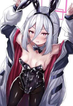 1girl alternate_costume animal_ear_hairband animal_ears arms_up bare_shoulders black_bow black_bowtie black_hairband black_leotard black_pantyhose blue_archive blush bow bowtie breasts breasts_apart commentary cowboy_shot detached_collar fake_animal_ears frown hair_between_eyes hairband halo highres jacket kei_(blue_archive) kei_(new_body)_(blue_archive) leotard long_bangs long_hair long_sleeves looking_at_viewer open_clothes open_jacket pantyhose pink_halo playboy_bunny rabbit_ears rabbit_pose rectangular_halo red_eyes ringed_eyes shiki_(catbox230123) simple_background small_breasts solo strapless strapless_leotard sweatdrop traditional_bowtie v-shaped_eyebrows white_background white_hair