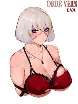 1girl blonde_hair blush breasts character_name closed_mouth code_vein collarbone copyright_name covered_erect_nipples cropped_torso eva_roux highres jewelry large_breasts laserflip looking_at_viewer multicolored_hair pendant platinum_blonde_hair purple_eyes scar scar_on_face short_hair simple_background solo streaked_hair upper_body white_background