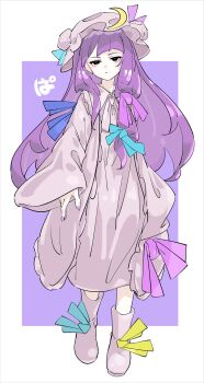 1girl black_eyes blue_bow boots bow closed_mouth crescent crescent_hat_ornament frilled_hat frills frown hat hat_ornament highres long_hair long_sleeves mob_cap o_(crazyoton46) patchouli_knowledge pink_boots pink_hat pink_robe purple_hair robe solo touhou very_long_hair