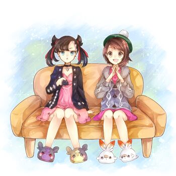 2girls :d :o aqua_eyes asymmetrical_bangs black_choker black_hair black_jacket brown_eyes brown_hair cardigan choker controller couch dress earrings full_body gen_8_pokemon gloria_(pokemon) grey_cardigan hair_ribbon hat highres holding holding_remote_control jacket jewelry marnie_(pokemon) morpeko morpeko_(full) morpeko_(hangry) multiple_girls nintendo open_mouth own_hands_together pink_dress pokemon pokemon_swsh pom_pom_(clothes) red_ribbon remote_control ribbon scorbunny short_hair sitting slippers smile stud_earrings tam_o'_shanter twintails undercut watching_television yomogi_(black-elf)
