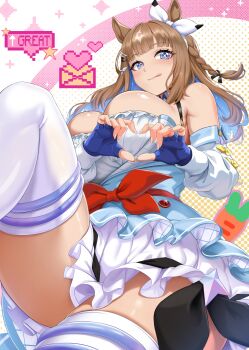 1girl :q absurdres almond_eye_(umamusume) animal_ears bare_shoulders blue_eyes blue_gloves blue_hair blush bow bow_hairband braid breasts brown_hair cleavage colored_inner_hair commentary detached_sleeves fingerless_gloves four-finger_heart_hands gloves hair_ornament hairband hasaya heart heart_hands highres horse_ears horse_girl horse_tail knee_up large_breasts long_hair looking_at_viewer multicolored_hair pixel_art side_braid single_braid smile solo streaked_hair symbol-shaped_pupils tail thick_thighs thighhighs thighs tongue tongue_out too_many_hair_ornaments umamusume white_bow white_hairband white_sleeves white_thighhighs x-shaped_pupils