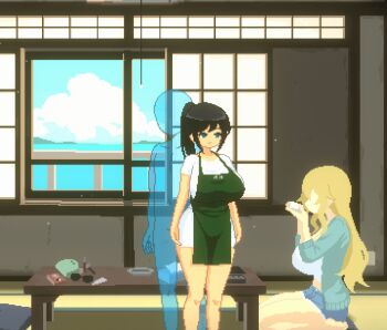 1boy 1girl 2025 720p anus black_hair blue_eyes breasts cum curvy dieselmine drinking female game_cg honoka_kaion huge_breasts introvert moaning one_eye_closed original penis pink_penis_tip pixel_art ponytail projectile_cum sex shy summer sun sunlight testicles vanilla visual_novel