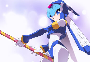 1girl armor blue_armor blue_background blue_eyes blue_helmet commentary_request cowboy_shot fairy_leviathan_(mega_man) fins forehead_jewel head_fins helmet holding holding_polearm holding_weapon kaidou_zx mega_man_(series) mega_man_zero_(series) polearm revision simple_background solo striped_clothes swimsuit weapon white_background
