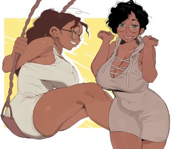 1girl absurdres aqua_eyes armpit_crease bare_arms bare_legs bare_shoulders belly black-framed_eyewear black_hair border breasts cleavage closed_eyes commentary covered_navel cowboy_shot curvy dark-skinned_female dark_skin drawstring dress english_commentary from_side green_eyes grey_dress grin hands_up highres hooded_dress large_breasts long_hair looking_ahead mole mole_on_neck multiple_views on_swing original outside_border pencil_dress ponytail round_eyewear shell_(whoopsatro) short_dress short_hair simple_background smile swing swinging swinging_on_swing thick_thighs thighs very_long_hair wavy_hair white_border white_dress whoopsatro wide_hips yellow_background