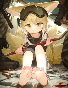 1girl absurdres animal_ears arknights asymmetrical_pants barefoot black_scarf blood crowbar feet foot_focus foreshortening fox_ears fox_girl fox_tail goggles goggles_on_head gun highres holding holding_crowbar holding_weapon legs_together multiple_tails newspaper official_alternate_costume on_ground scarf shell_casing sitting soles solo suzuran_(arknights) suzuran_(lostlands_flowering)_(arknights) tail tianliang_duohe_fangdongye toes tooth weapon