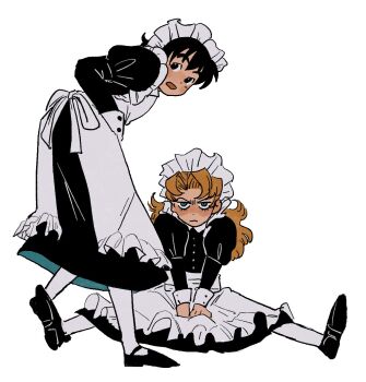 1boy 1girl black_hair blush bonnet closed_mouth commentary_request crossdressing crossdressing_(mtf) dragon_quest dragon_quest_vii full_body hero_(dq7) highres karumoimoi long_hair looking_at_viewer maid maribel_(dq7) open_mouth simple_background white_background