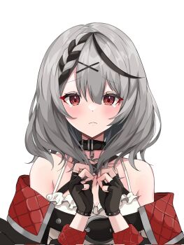 1girl animal_collar bare_shoulders black_collar black_gloves black_jacket black_streaks braid camisole center-flap_bangs chest_belt collar commentary corrupted_twitter_file double-parted_bangs fingerless_gloves frilled_camisole frills gloves grey_hair hair_ornament hairclip hands_up highres holding holding_own_hair hololive jacket looking_at_viewer medium_hair multicolored_hair off-shoulder_jacket off_shoulder red_eyes sakamata_chloe sakamata_chloe_(1st_costume) shinonome_shino_(artist) simple_background solo streaked_hair symbol-only_commentary tearing_up two-sided_fabric two-sided_jacket upper_body virtual_youtuber white_background white_camisole x_hair_ornament