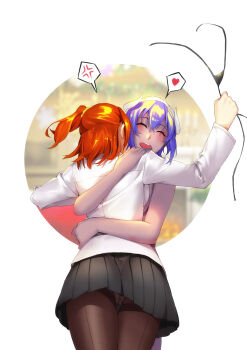 2girls ahoge anger_vein bikini black_bikini black_skirt blush breasts brown_pantyhose chaldea_uniform closed_eyes dark-skinned_female dark_skin fake_horns fate/grand_order fate_(series) fujimaru_ritsuka_(female) hair_ornament hair_scrunchie hassan_of_serenity_(fate) hassan_of_serenity_(merry_sheep)_(fate) hat heart highres horns hug long_sleeves medium_breasts multiple_girls one_side_up open_mouth orange_hair orange_scrunchie pantyhose purple_hair scrunchie sheep_horns shirt short_hair sidelocks skirt smile swimsuit thighs unworn_bikini_top white_hat white_shirt yand yuri