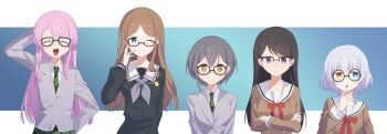 Rule 34 | 5girls, absurdres, arm behind head, bang dream!, bang dream! it's mygo!!!!!, bespectacled, black-framed eyewear, black hair, black shirt, black skirt, blue eyes, breasts, brown eyes, brown hair, chihaya anon, closed eyes, closed mouth, commentary, dated commentary, diagonal-striped clothes, diagonal-striped necktie, fang, glasses, green necktie, green skirt, grey-framed eyewear, grey hair, grey jacket, grey neckerchief, hanasakigawa school uniform, haneoka school uniform, heterochromia, highres, jacket, kaname raana, long hair, medium breasts, mole, mole under eye, multiple girls, mygo!!!!! (bang dream!), nagasaki soyo, neckerchief, necktie, one eye closed, open mouth, over-rim eyewear, pink hair, purple eyes, red ribbon, ribbon, round eyewear, sailor collar, school uniform, semi-rimless eyewear, shiina taki, shirt, short hair, sidelocks, skin fang, skirt, striped clothes, takamatsu tomori, tongue, tongue out, tsukinomori school uniform, under-rim eyewear, upper body, white hair, white sailor collar, yellow eyes, yzj21333