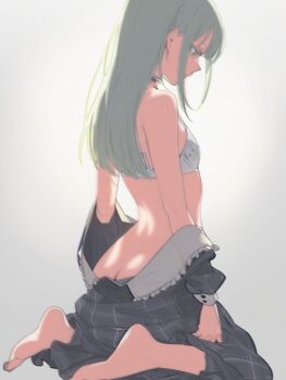 1girl bang_dream! bang_dream!_it&#039;s_mygo!!!!! bare_back bare_shoulders barefoot blue_dress blurry blurry_background bra choker dress flat_chest frilled_choker frills full_body gradient_background green_hair grey_background hair_down highres long_hair long_sleeves looking_down simple_background solo underwear undressing wakaba_mutsumi wtsino yellow_eyes