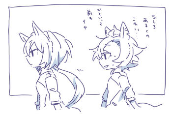 2girls animal_ears beer_hsk braid chibi closed_mouth commentary_request crown crown_braid greyscale horse_ears horse_girl horse_tail jacket kin'iro_ryotei_(umamusume) long_hair low_ponytail mini_crown monochrome multiple_girls parted_lips ponytail profile sweat t.m._opera_o_(umamusume) tail track_jacket translation_request umamusume very_long_hair white_background