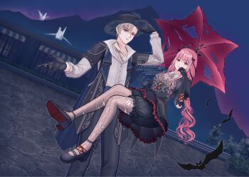 1boy 1girl animal asymmetrical_hair bat_(animal) black_bloomers black_bow black_dress black_gloves black_ribbon black_shoes bloomers blue_coat blue_hat blunt_bangs bow brown_eyes buttons closed_mouth coat cobblestone collared_shirt commentary contrast_collar crescent cross-laced_armwear dream-like_night_(infinity_nikki) dress dress_pants dress_shirt dutch_angle english_commentary expressionless eyelashes feet_out_of_frame floating frilled_dress frilled_sleeves frills full_body game_screenshot_background giovanni_(infinity_nikki) gloves gothic_lolita grey_eyes grey_hair grey_pants grey_pantyhose hair_between_eyes hair_bow hair_ribbon hand_on_headwear hand_on_own_cheek hand_on_own_face happy hat heart heart_print high-waist_pants high_heels highres infinity_nikki layered_sleeves light_frown lolita_fashion long_hair long_sidelocks long_sleeves looking_at_viewer low_twintails mountain multiple_hair_bows nao_(sprinkanao) night nikki_(nikki) nikki_(series) open_clothes open_coat origami outdoors outstretched_hand pants pantyhose paper_crane paperclip pink_hair pink_shirt print_dress puffy_long_sleeves puffy_short_sleeves puffy_sleeves pumps railing red_umbrella ribbon scar scar_on_chest screenshot_background see-through_pantyhose shirt shirt_under_dress shoes short_dress short_hair short_over_long_sleeves short_sleeves sidelocks smile standing torn_clothes torn_pantyhose torn_umbrella tree tress_ribbon twintails umbrella umbrella_over_shoulder underwear very_long_hair watermark wavy_hair white_shirt