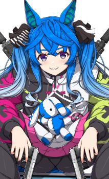 Rule 34 | 1girl, @ @, ahoge, animal ears, assault rifle, black bodysuit, blue eyes, blue hair, blush, bodysuit, call of duty, call of duty: black ops, coat, commentary, cover, crossed bangs, drawstring, english commentary, gun, h&amp;k hk416, handgun, highres, holding, holding gun, holding weapon, hood, hooded coat, hoodie, horse ears, horse girl, horse tail, long hair, long sleeves, looking at viewer, multicolored coat, multicolored hoodie, no heterochromia, parted lips, rifle, sharp teeth, sheita, sig p220/p226, sig sauer, simple background, sitting, smile, solo, stuffed animal, stuffed rabbit, stuffed toy, tail, teeth, twin turbo (blast mode! turbo engine) (umamusume), twin turbo (umamusume), twintails, umamusume, video game cover, weapon, weapon on back, white background
