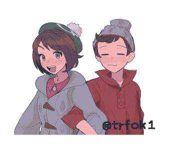 1boy 1girl :d beanie blush brown_eyes brown_hair cardigan closed_eyes closed_mouth collared_dress collared_shirt commentary_request cropped_torso dress gloria_(pokemon) green_hat grey_cardigan grey_hat hat hood hood_down hooded_cardigan nanase_(trfok1) nintendo open_mouth pokemon pokemon_sword_and_shield red_shirt shirt short_hair simple_background smile tam_o'_shanter teeth upper_body upper_teeth_only victor_(pokemon) white_background
