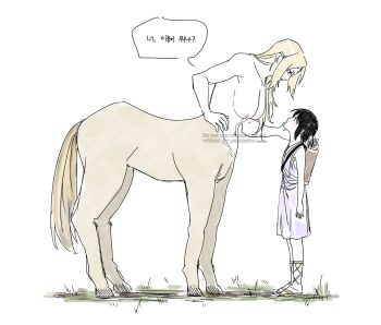 2girls aged_down arrow_(projectile) black_hair blonde_hair breasts centaur commentary_request dress highres korean_text large_breasts may_c monsterification multiple_girls naruto_(series) nipples nude purple_dress quiver sandals shizune_(naruto) short_hair taur translation_request tsunade_(naruto) watermark