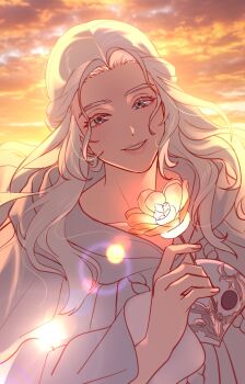 Rule 34 | 1girl, blue eyes, cloud, cloudy sky, commentary request, elpis flower, empetiit, final fantasy, final fantasy xiv, flower, glowing flower, half updo, highres, holding, holding flower, korean commentary, lens flare, long hair, looking at viewer, mask, mask around neck, orange sky, outdoors, sky, smile, solo, sophist's robe (ff14), sunset, unworn mask, upper body, venat (ff14), wavy hair, white hair