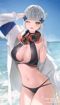 1girl absurdres armband bikini black_bikini blue_armband blue_sky breasts cleavage clukay_(neural_cloud) clukay_(raging_waves)_(neural_cloud) commentary_request cross_hair_ornament girls'_frontline girls'_frontline_neural_cloud hair_ornament highres hk416_(girls'_frontline) jacket kir_(khw66136132) large_breasts looking_at_viewer ocean official_alternate_costume one_eye_closed open_clothes open_jacket open_mouth sidelocks sky smile solo swimsuit tattoo teardrop_facial_mark teardrop_tattoo translation_request white_hair white_jacket