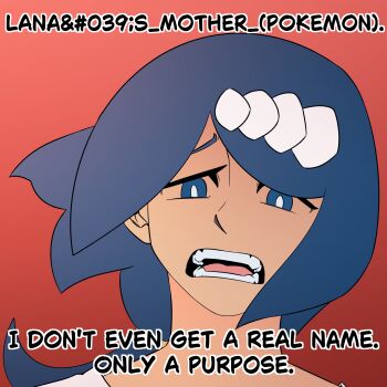 1girl absurdres blue_eyes blue_hair bright_pupils co_brook_co english_text gradient_background hair_ornament highres invincible_(series) lana's_mother_(pokemon) long_hair looking_at_viewer mature_female meme nintendo no_sclera open_mouth pokemon pokemon_(anime) pokemon_the_series:_sun_&amp;_moon ponytail red_background rule34.xxx scene_reference sidelocks solo tag_(concept) truth white_pupils