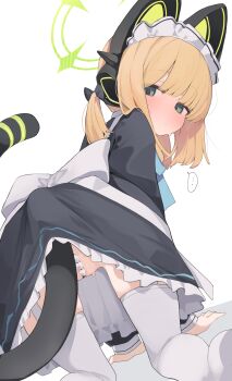 1girl animal_ear_headphones animal_ears black_skirt blonde_hair blue_archive cat_ear_headphones cat_ears fake_animal_ears from_behind green_eyes green_halo grey_thighhighs halo headphones highres kneeling loli looking_at_viewer looking_back maid maid_headdress midori_(blue_archive) midori_(maid)_(blue_archive) mikozin official_alternate_costume pearl_thong pussy_juice short_hair simple_background skirt solo tail thighhighs white_background
