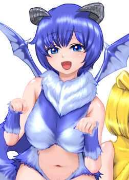 2girls bare_shoulders blue_eyes blue_hair blush breasts fangs fur_leotard hadairo_rainbow horns midriff mint_(monster_farm) monster_farm monster_girl multiple_girls nail_polish navel neck_fur pixie_(monster_farm) pixie_cut tail wings wolf_tail