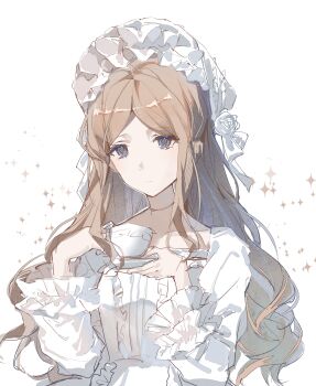 1girl absurdres bang_dream! bang_dream!_it&#039;s_mygo!!!!! blue_eyes bonnet brown_hair chibi closed_mouth commentary_request cup dress highres holding holding_cup lamia_oh long_hair long_sleeves nagasaki_soyo sidelocks simple_background solo upper_body white_background white_bonnet white_dress