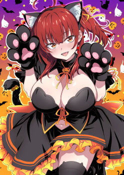1girl animal_ears animal_hands black_corset black_skirt black_thighhighs blush breasts cat_ears cleavage commentary_request corset fake_animal_ears gloves halloween highres large_breasts long_hair looking_at_viewer mana_ayase nakahira_guy open_mouth orange_eyes paw_gloves red_hair short_sleeves shrug_(clothing) skirt smile solo thighhighs tokyo_succubus twintails