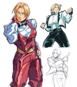 1girl _lemon1034 blue_eyes bow bowtie breasts female_focus formal_clothes gloves king_(snk) large_breasts long_sleeves shirt short_hair smile suit the_king_of_fighters thick_thighs thighs tuxedo white_shirt