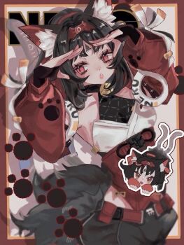 1girl animal_ear_fluff animal_ears barcode barcode_tattoo bare_shoulders bell black_hair border cable cable_tail cat_ears cat_girl cat_tail commentary corset detached_sleeves facial_mark forehead_mark forehead_tattoo hairband hands_on_own_head looking_to_the_side luv_luv_s2 mechanical_tail multiple_tails neck_bell nekomiya_mana paw_print red_border red_corset red_eyes red_hairband red_sleeves solo sparkling_eyes sticker tail tattoo triangle triangle_facial_mark two_tails white_background zenless_zone_zero