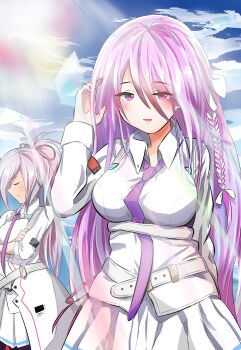 2girls absurdres atnamiret belt braid commentary_request crossed_arms heaven_burns_red highres kura_satomi long_hair multiple_girls necktie pink_eyes pink_hair ponytail sunlight tsukishiro_monaka