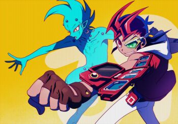 2boys astral_(yu-gi-oh!) black_hair blue_skin clenched_hand colored_skin duel_disk green-tinted_eyewear highres hood hood_down hooded_vest hoodie medium_hair multicolored_hair multiple_boys pants red_eyes red_hair red_vest scouter simple_background spiked_hair tinted_eyewear tsukumo_yuma two-tone_hair vest white_pants yellow_background yu-gi-oh! yu-gi-oh!_zexal yugiohpaja
