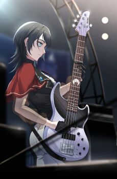 1girl 5-string_bass_guitar ass bang_dream! bang_dream!_it&#039;s_mygo!!!!! bass_guitar black_gloves black_hair black_pantyhose black_vest blue_eyes closed_mouth commentary english_commentary extended_range_bass_guitar gloves highres instrument medium_hair miyamu panties pants pantyhose see-through_clothes see-through_sleeves solo stage timoris_(bang_dream!) two-tone_pants underwear variant_set vest white_panties yahata_umiri
