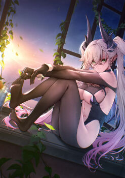 1girl absurdres amiba_(nerdamiba) arm_on_knee black_leotard black_pantyhose breasts chinese_commentary cleavage closed_mouth command_spell commentary_request crossed_arms crossed_bangs cup demon_horns drinking_straw fate/grand_order fate_(series) food fruit gradient_hair green_eyes hair_between_eyes highres horns large_breasts leaf leotard lilith_(fate) long_hair looking_at_viewer multicolored_hair navel no_shoes orange_(fruit) orange_slice pantyhose pantyhose_tug pointy_ears procreate_(medium) revealing_clothes sitting solo stomach_tattoo sunlight tattoo very_long_hair white_wrist_cuffs wrist_cuffs